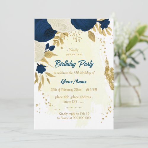 navy  white flowers gold birthday party invitatio invitation