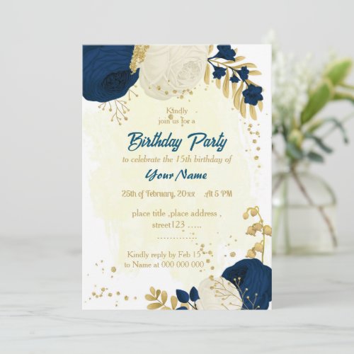 navy  white flowers gold birthday party invitation