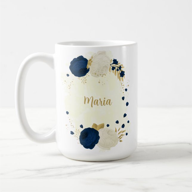 navy & white flowers gold botanical wedding coffee mug (Left)