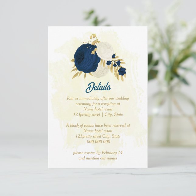 navy & white flowers gold botanical wedding enclosure card (Standing Front)