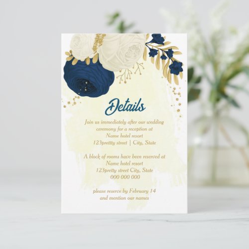 navy  white flowers gold botanical wedding enclosure card