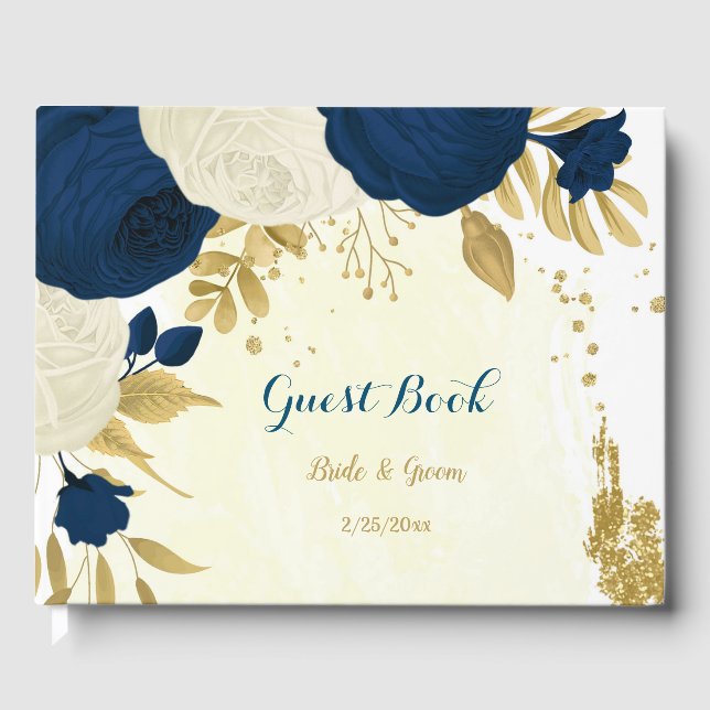 navy & white flowers gold botanical wedding guest book (Front)