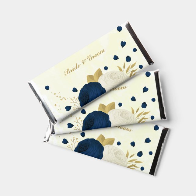navy & white flowers gold botanical wedding hershey bar favors (Front)
