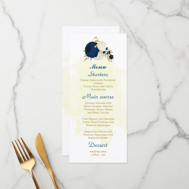 navy & white flowers gold botanical wedding menu (Front/Back In Situ)