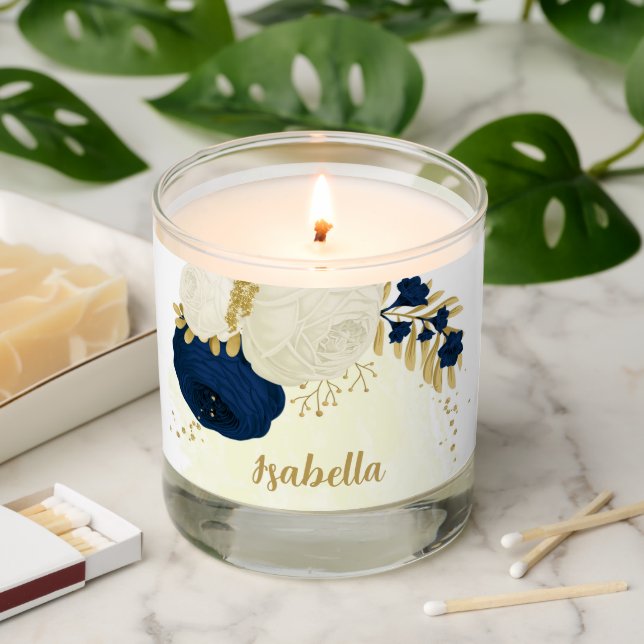 navy & white flowers gold botanical wedding scented candle (Lit)