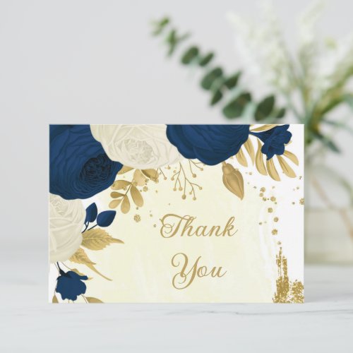 navy  white flowers gold botanical wedding  thank you card