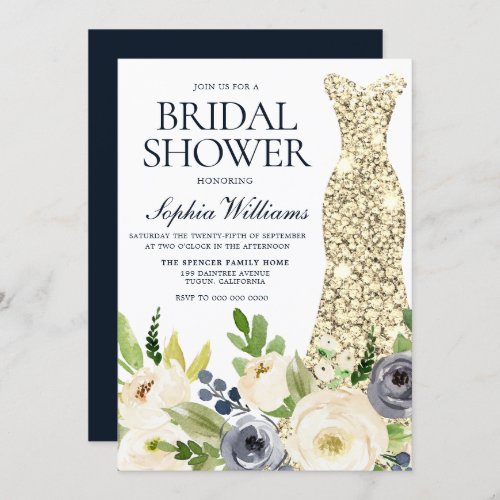 Navy  White Flowers Gold Dress Bridal Shower Invitation