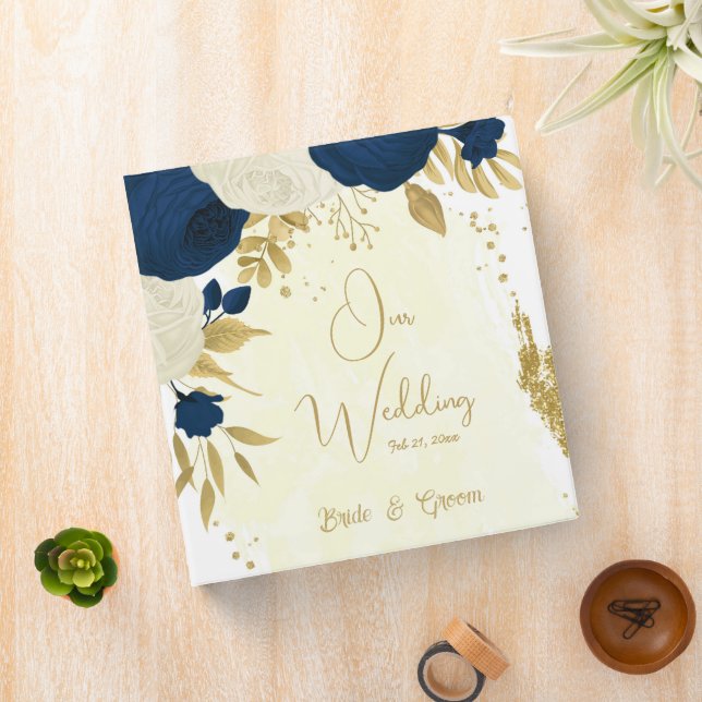 navy & white flowers gold wedding photo album 3 ring binder (In Situ)