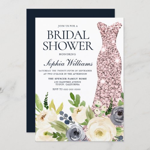 Navy  White Flowers Rose Gold Dress Bridal Shower Invitation