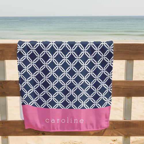 Navy  White Geometric Pattern  Personalized Beach Towel