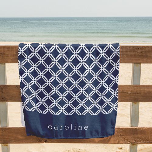 Navy  White Geometric Pattern  Personalized Beach Towel