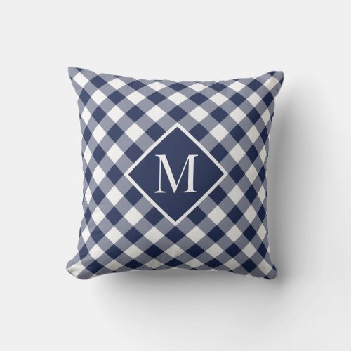 Navy White Gingham Check Pattern Chic Monogram Throw Pillow