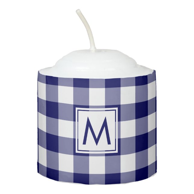 Navy White Gingham Check Pattern with Monogram Votive Candle (Front)