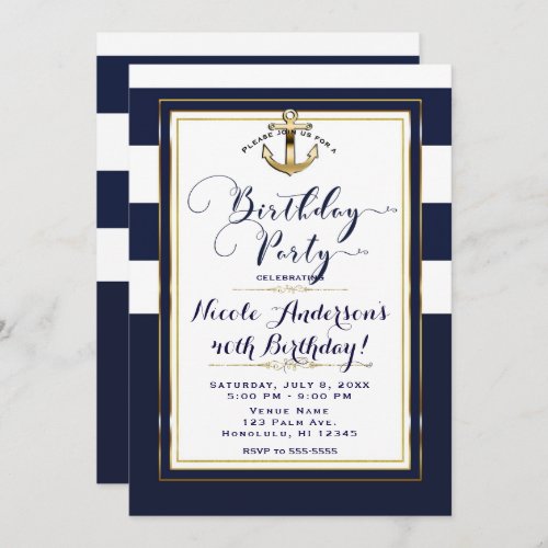 Navy White  Gold Anchor Nautical Birthday Party Invitation