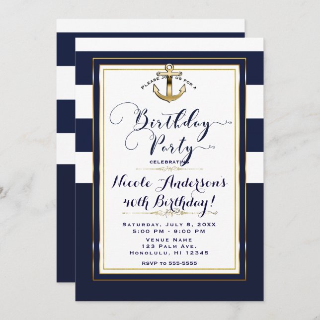Navy White & Gold Anchor Nautical Birthday Party Invitation (Front/Back)