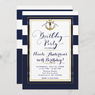 Navy White & Gold Anchor Nautical Birthday Party Invitation