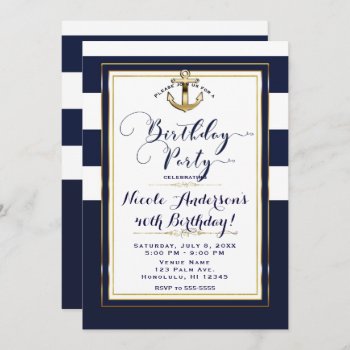 Navy White & Gold Anchor Nautical Birthday Party Invitation by printabledigidesigns at Zazzle