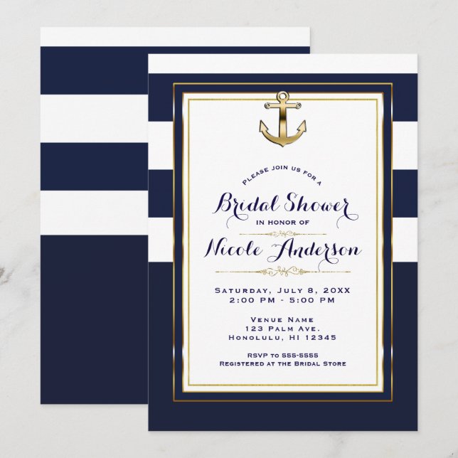 Navy White & Gold Anchor Nautical Bridal Shower Invitation (Front/Back)