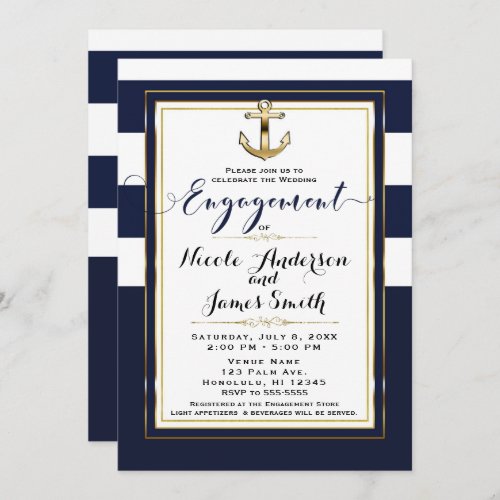 Navy White  Gold Anchor Nautical Engagement Party Invitation