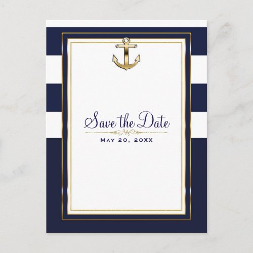 Navy White  Gold Anchor Nautical Save the Date Announcement Postcard