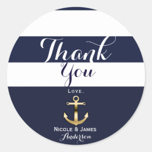 Navy White & Gold Anchor Nautical Stripe Favor Classic Round Sticker