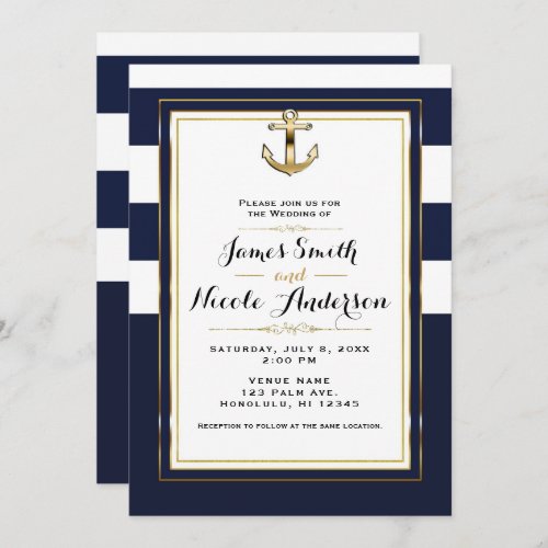 Navy White  Gold Anchor Nautical Stripes Wedding Invitation