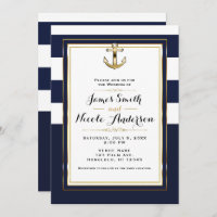 Navy White & Gold Anchor Nautical Stripes Wedding