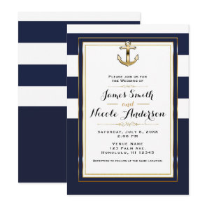 Navy White & Gold Anchor Nautical Stripes Wedding Invitation