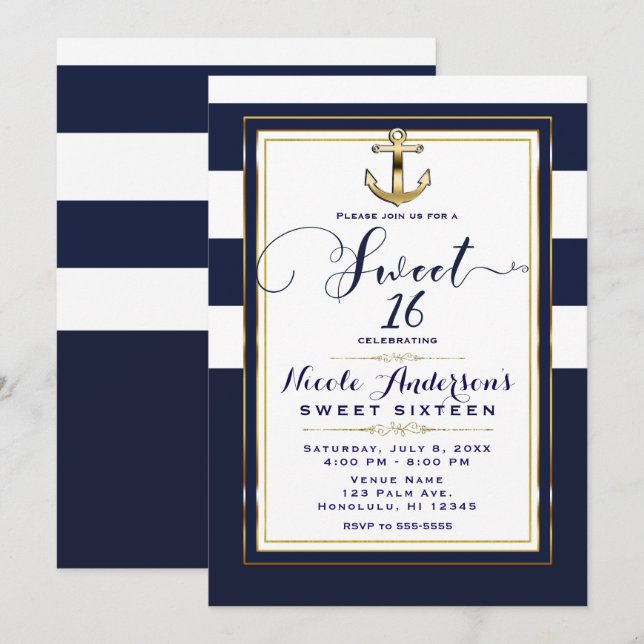 Navy White & Gold Anchor Nautical SWEET 16 Party Invitation (Front/Back)