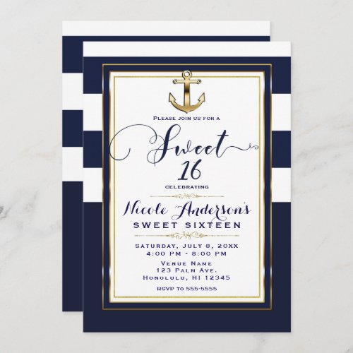 Navy White  Gold Anchor Nautical SWEET 16 Party Invitation