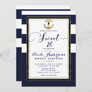 Navy White & Gold Anchor Nautical SWEET 16 Party Invitation