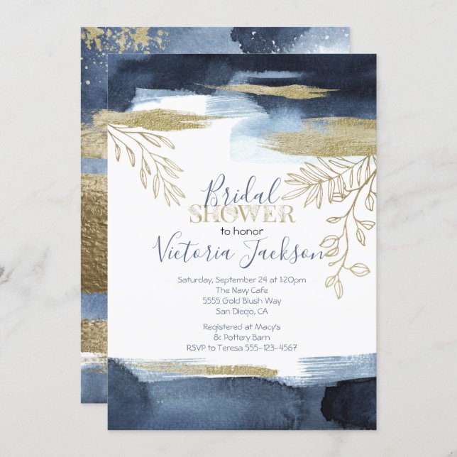 Navy White Gold Bridal Shower Invitation (Front/Back)