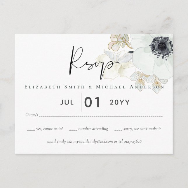 Navy White Gold Floral Wedding Budget RSVP Postcard (Front)