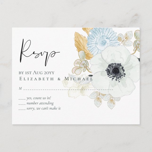 Navy White Gold Floral Wedding Budget RSVP Postcard (Front)
