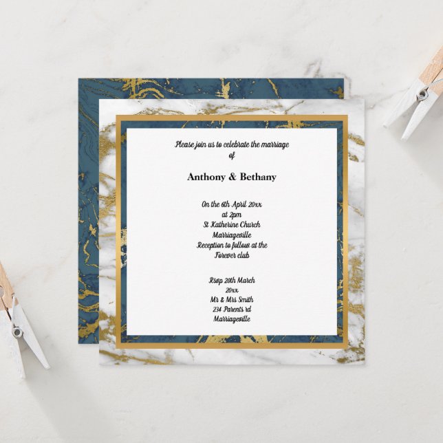 NAVY WHITE GOLD MARBLE WEDDING  INVITATION (Front/Back In Situ)