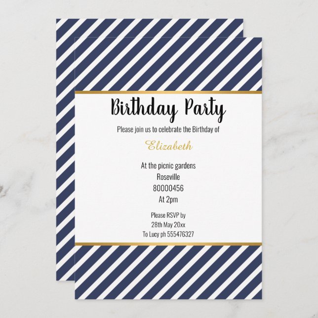 NAVY WHITE GOLD STRIPED PATTERNED BIRTHDAY INVITATION (Front/Back)