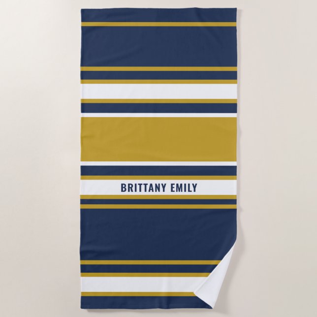 Navy White Gold Stripes Pattern Personalized Beach Towel (Front)