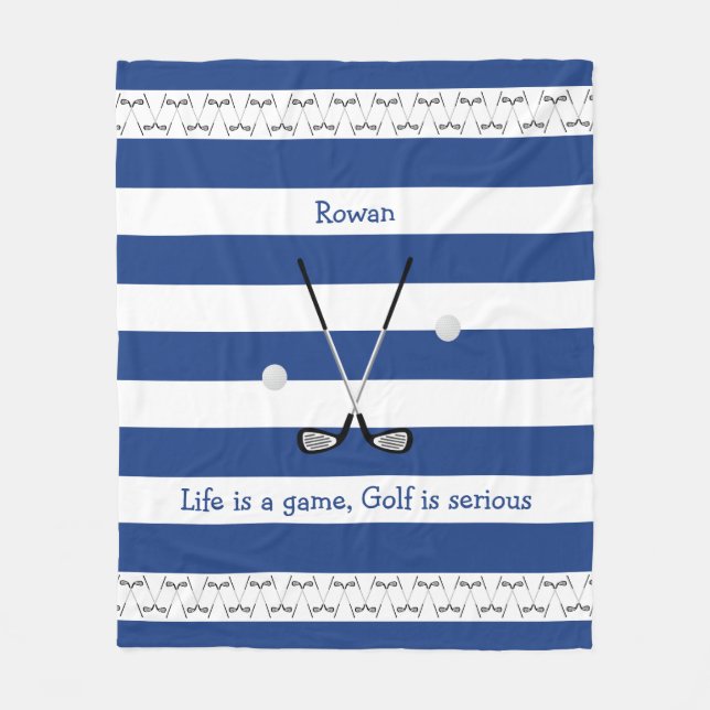 Navy white golf clubs personalized fleece blanket (Front)