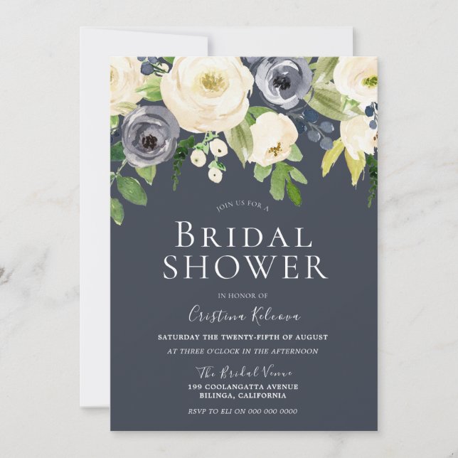 Navy & White Gorgeous Floral Elegant Bridal Shower Invitation (Front)