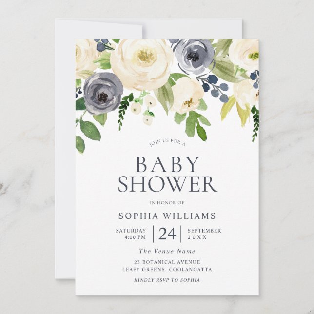 Navy & White Gorgeous Flowers Girl Boy Baby Shower Invitation (Front)