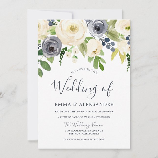 Navy & White Gorgeous Flowers Modern Wedding Invitation (Front)