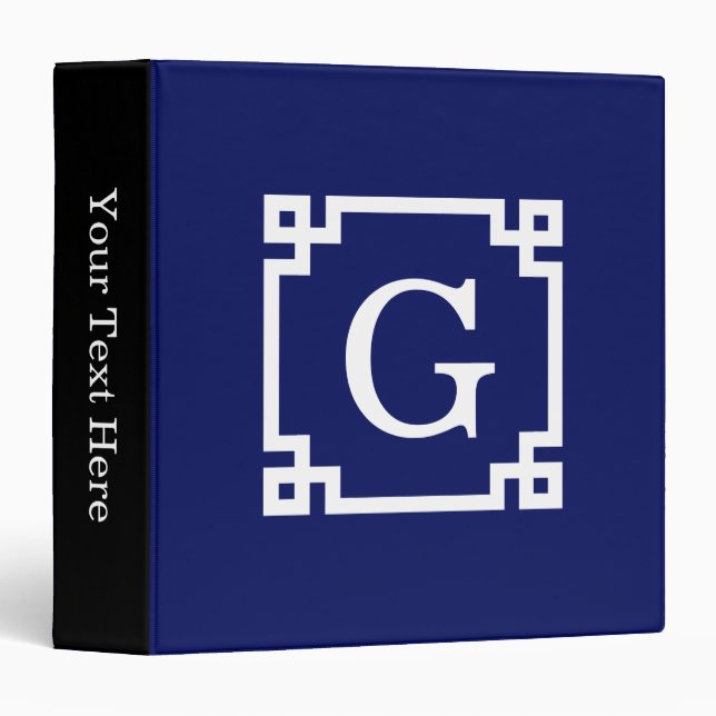 Navy White Greek Key Frame #2 Initial Monogram 3 Ring Binder (Front/Spine)