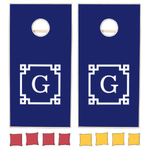 Navy White Greek Key Frame #2 Initial Monogram Cornhole Set
