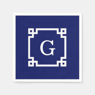 Navy White Greek Key Frame #2 Initial Monogram Napkins