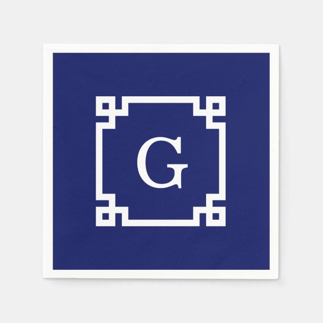 Navy White Greek Key Frame #2 Initial Monogram Napkins (Front)