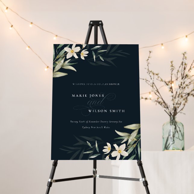 Navy White Greenery Floral Couples Shower Welcome Foam Board (In Situ (Stand))