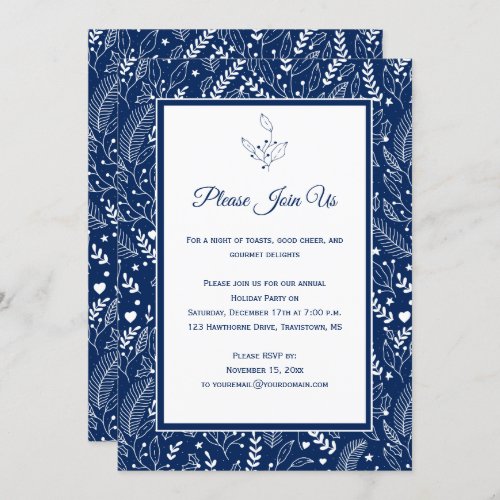 Navy White Holly Berries Floral Swirls Patter Invitation