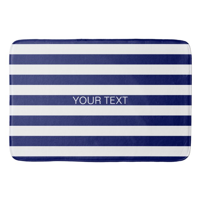 Navy White Horizontal Preppy Stripe Name Monogram Bath Mat (Front)