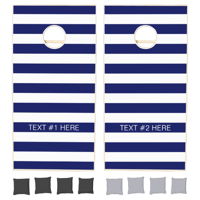 Navy White Horizontal Preppy Stripe Name Monogram Cornhole Set (Set)