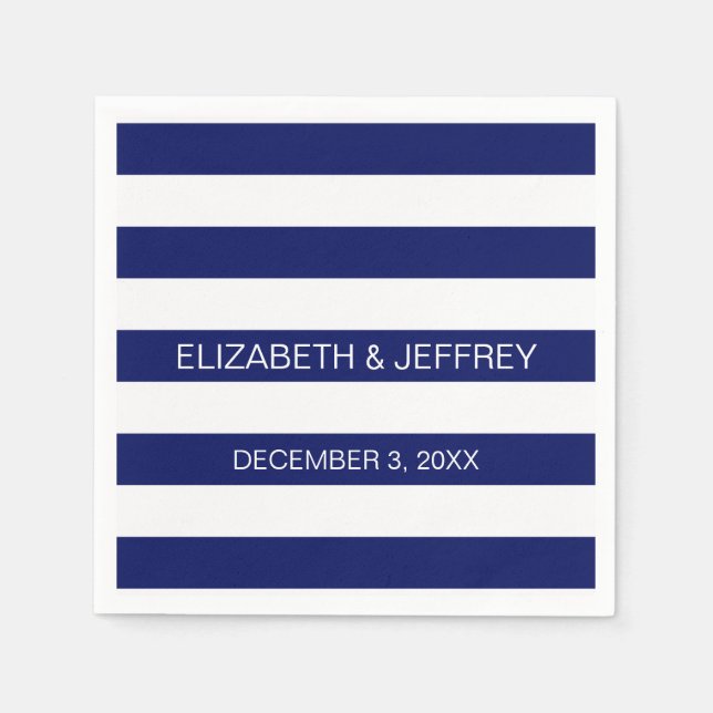 Navy White Horizontal Preppy Stripe Name Monogram Paper Napkins (Front)